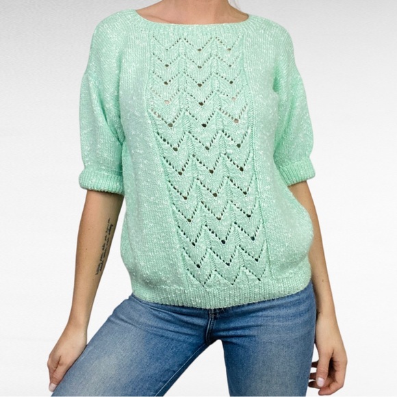 VINTAGE | Mint Green Hallow Out Knit Lace Chevron Cuffed Sleeve Pullover Sweater - Picture 2 of 8